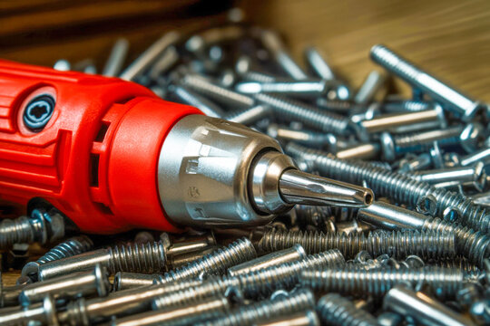 A cordless drill with a red handle lies on a wooden surface surrounded by various metal screws. The setting suggests a busy workshop activity