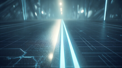 Futuristic digital corridor with glowing lines and grid patterns on a high-tech floor