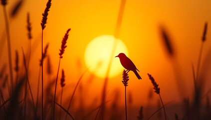 Silhouette of a Bird Sitting on a Stalk of Wheat During a Beautiful Sunset