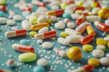 A vibrant blend of different pills and capsules spread across a blue surface, displaying various sizes and colors in an organized chaos