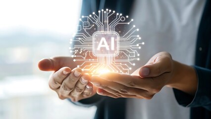 Hands presenting glowing AI concept with circuit board design and isolated look on AI Generated
