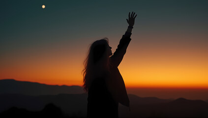 Young Woman Reaching Up to the Twilight Sky