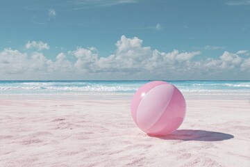 Pink beach ball on pink sand, ocean view