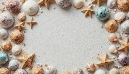 Obraz premium A collection of seashells and starfish arranged in a circle on a light sandy surface. The display features different sizes, colors, and textures, creating a beach-themed decorative element