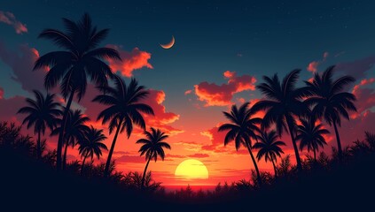 Beautiful Tropical Sunset with Palm Trees and Crescent Moon