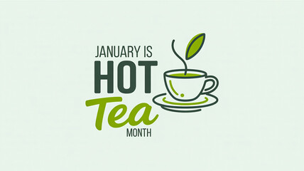 January is hot tea month with steaming cup of tea
