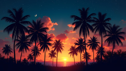 Tropical Sunset Over Ocean With Palm Trees Silhouettes