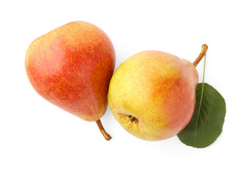 Fresh ripe pears with green leaf isolated on white