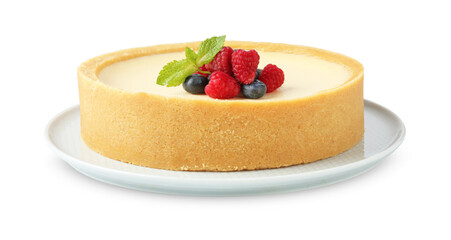 Delicious cheesecake with fresh berries and mint isolated on white