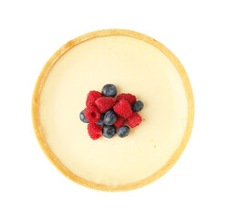 Delicious cheesecake with fresh berries isolated on white, top view