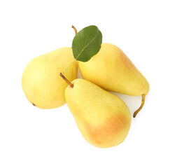Ripe yellow pears with green leaf isolated on white, top view