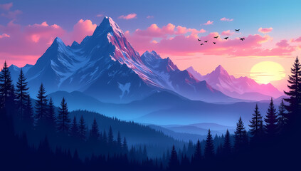 Majestic Mountain Peak Under Pink Sunset Sky