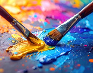 Fototapeta premium Close up of vibrant oil paints and brushes creating colorful art.