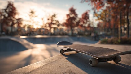 Skateboard resting on concrete ramp at skatepark, golden hour sun