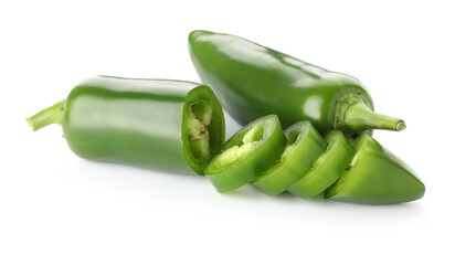 Whole and sliced green jalapeno peppers isolated on white