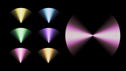 Wi-Fi glowing signal waves light effect in yellow, blue, red, purple, green, pink and golden colors, digital wireless internet connection sensor, technology radar or sonar neon spectrum vector.
