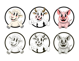 Vintage 1930s Farm Animal Mascots: Cow, Sheep, and Pig Collection.