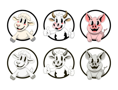 Vintage 1930s Farm Animal Mascots: Cow, Sheep, and Pig Collection.