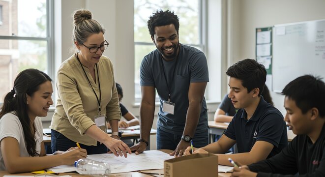 Diverse Group of Students and Instructor Collaborating in Modern Classroom