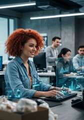 Young Woman with Curly Red Hair Using Digital Data Analysis in Modern Office