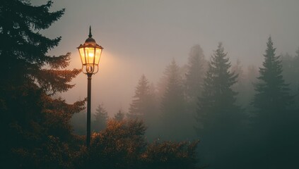 Misty forest scene with a solitary lamppost