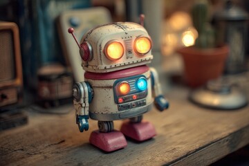 Fototapeta premium Retro robot with glowing lights offering a sense of nostalgia