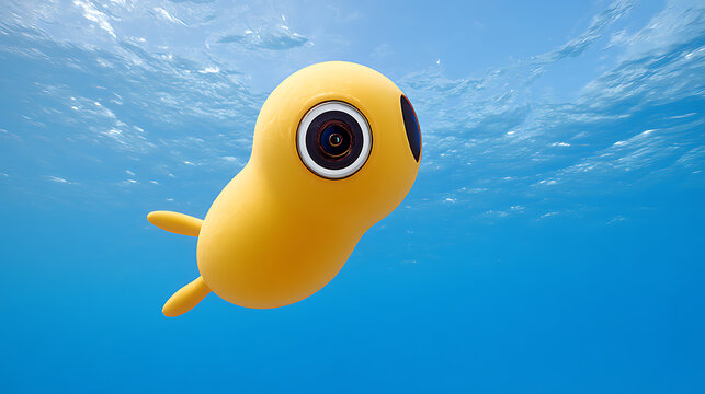 Yellow underwater camera device floating in clear blue water