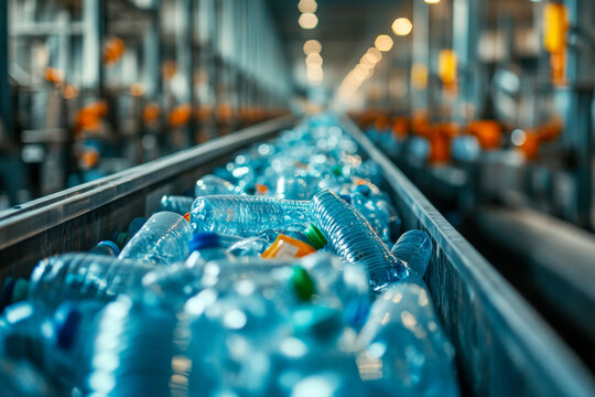 Bottles of various colors and sizes are lined up on a conveyor belt, getting sorted in a busy recycling center