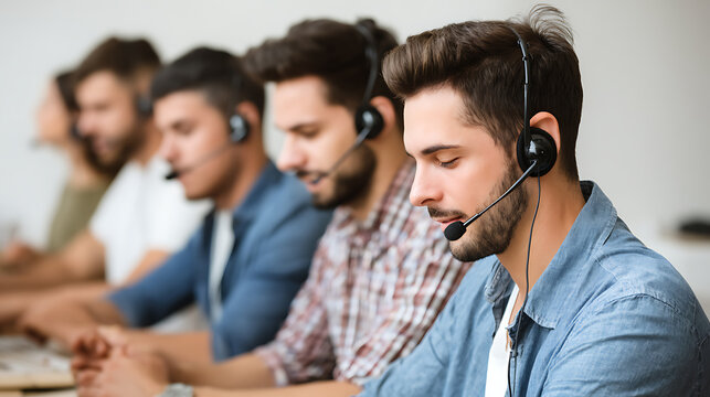 Group of male customer service agents working in a call center, wearing headsets and focused on computer screens
