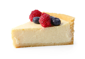 Piece of delicious cheesecake with fresh berries isolated on white