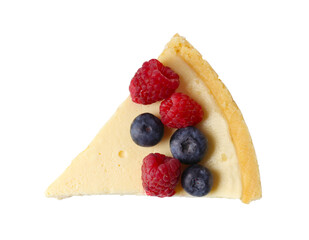 Piece of delicious cheesecake with fresh berries isolated on white, top view
