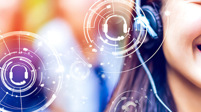 Close-up of a person wearing headphones with digital interface overlays, suggesting advanced audio technology and futuristic communication.