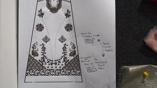 Sketched Concepts Of Fashion Designer Clothing On Paper In A Garments Production Factory.