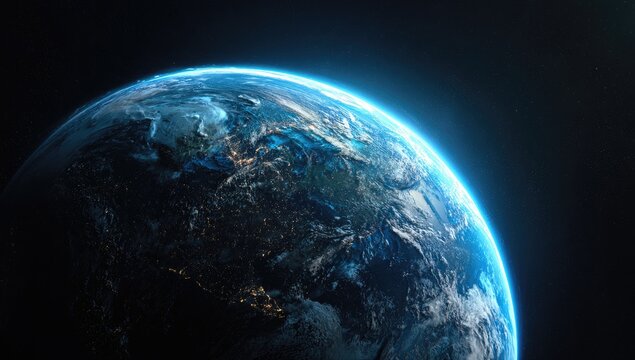 Earth seen from space, glowing blue, dark backdrop