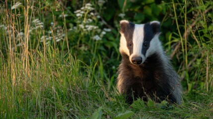 Badger in Grass and Foliage