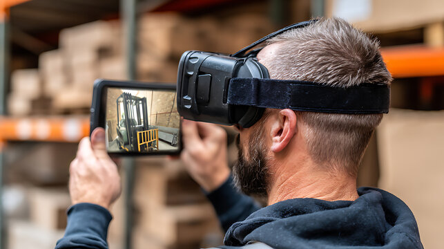 Man using virtual reality headset and tablet in warehouse setting