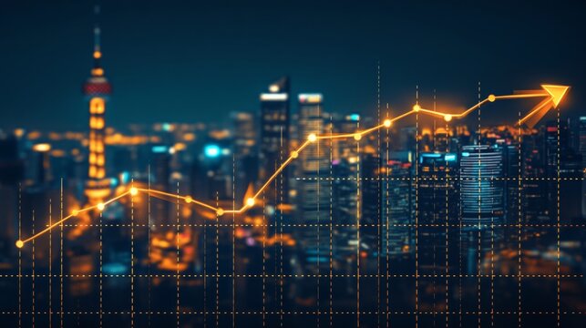 Upturn Chart Illustrating Economic Growth Trends Against a Colorful International Urban Landscape - Powered by Adobe