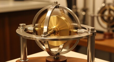 A scientific model of a gyroscope, a device maintaining orientation, with a brass wheel spinning rapidly within nested metallic rings.