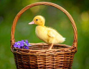 Cute duckling in a wicker basket