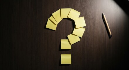 A question mark formed by yellow sticky notes on a dark wooden surface. A pen rests beside the notes