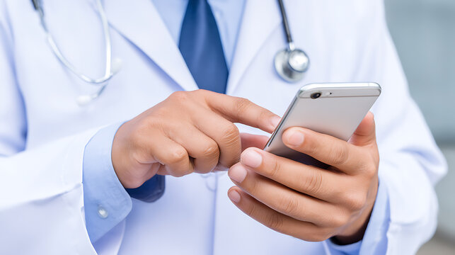 Doctor using smartphone while wearing stethoscope and lab coat