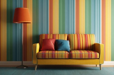 Colorful striped room with yellow sofa and orange lamp