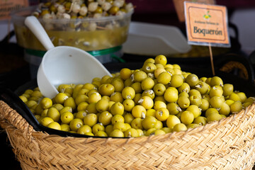 Green olives in a market.