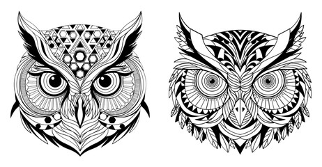 Vector art of two intricately designed owl heads, showcasing geometric patterns and detailed line work