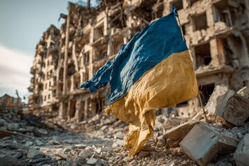 Naklejka premium Ukrainian flag waving in rubble with a bombed building in the background