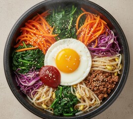 Mixed Rice Bowl Bibimbap (비빔밥) with Vegetables and Egg in a Warm Bowl
