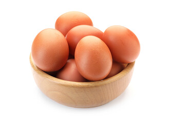 Raw chicken eggs in bowl isolated on white