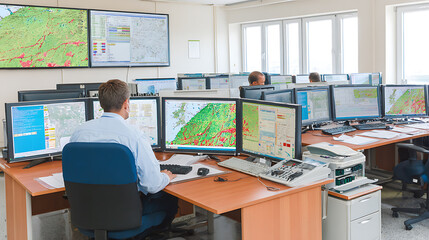 Employees working in a control room with multiple computer monitors displaying geographic and data maps