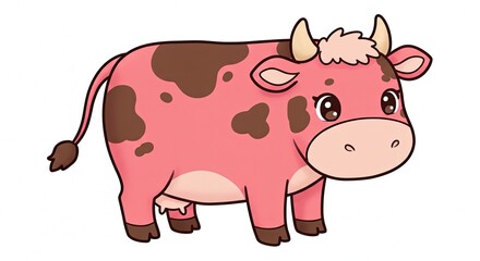 A cute cartoon pink cow with brown spots, big eyes, and small horns standing on a white background, depicted in a friendly and adorable style.