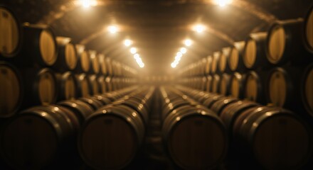 Captivating wine cellar with endless rows of oak barrels bathed in warm light